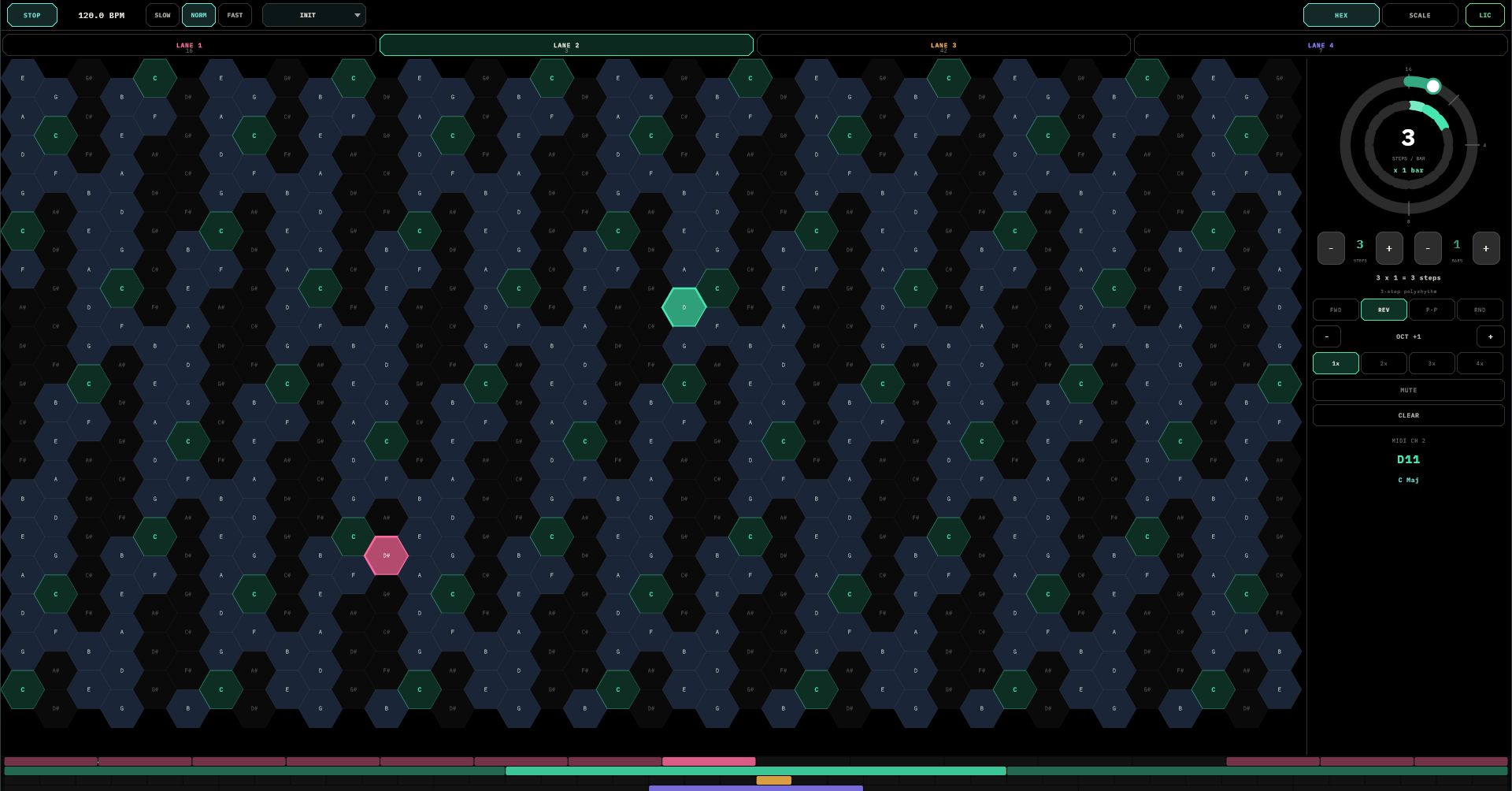 The HEX page: the Wicki-Hayden honeycomb with root and in-scale cells lit, lane tabs with step counts, the radial loop dial and lane controls on the right, and per-lane step bars below