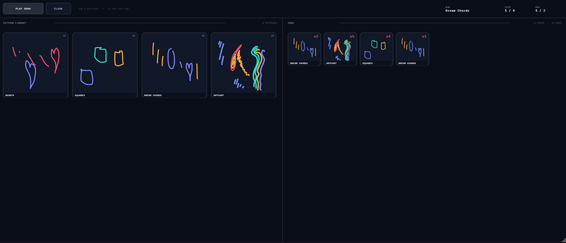 The SONG page mid-playback — stroke thumbnails in the pattern library, a populated timeline with bar-count badges, and the NOW / STEP / BAR readout running