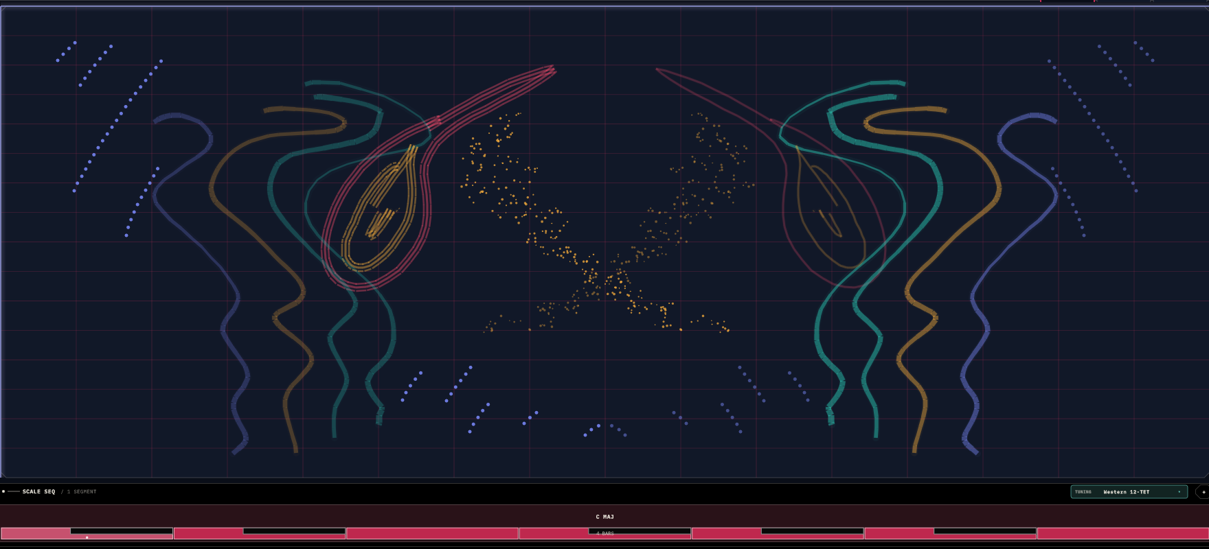 A dense mirrored drawing — strokes in all four lane colours reflected across the plane's centre as faint virtual copies