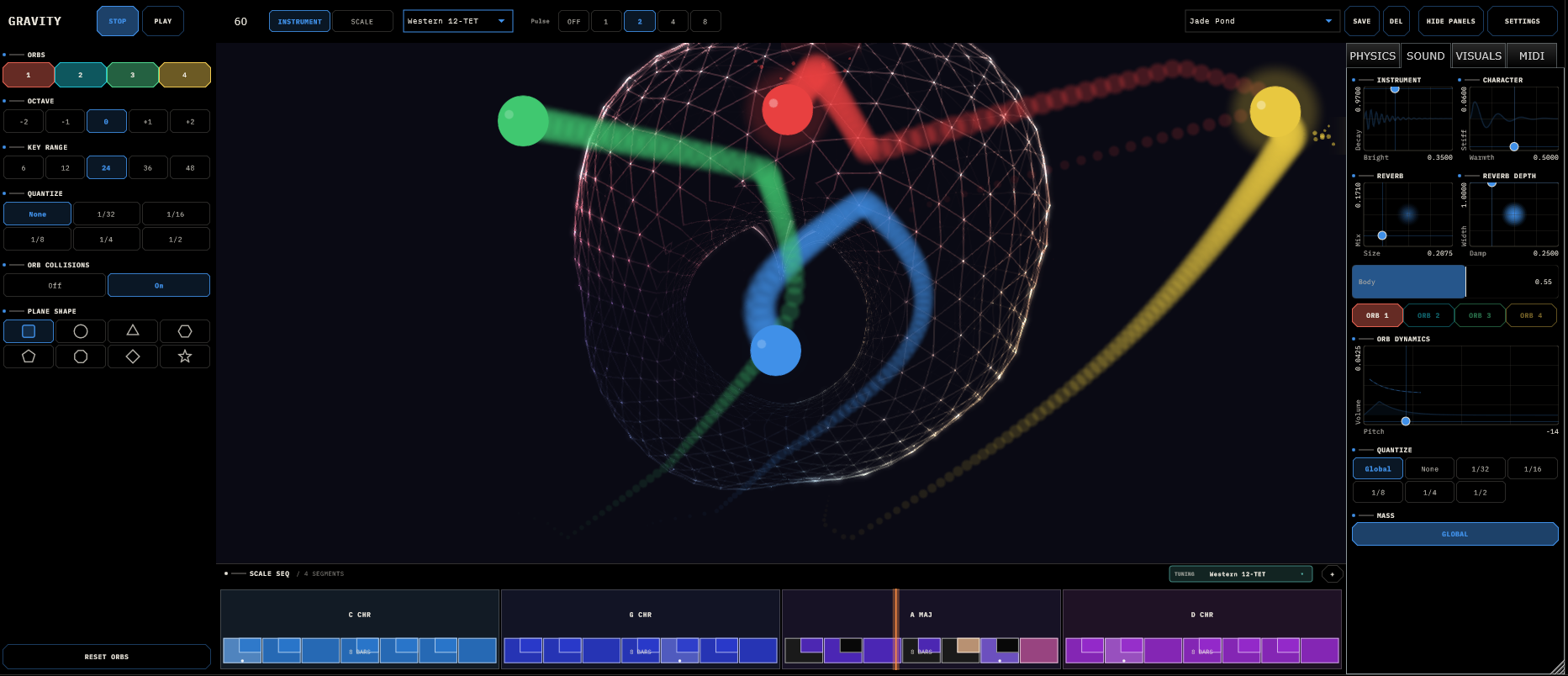 Gravity's full interface: left rail of orb and scale controls, the physics plane with four coloured orbs orbiting a geodesic sphere, the SOUND tab on the right panel, and the scale-sequencer strip along the bottom