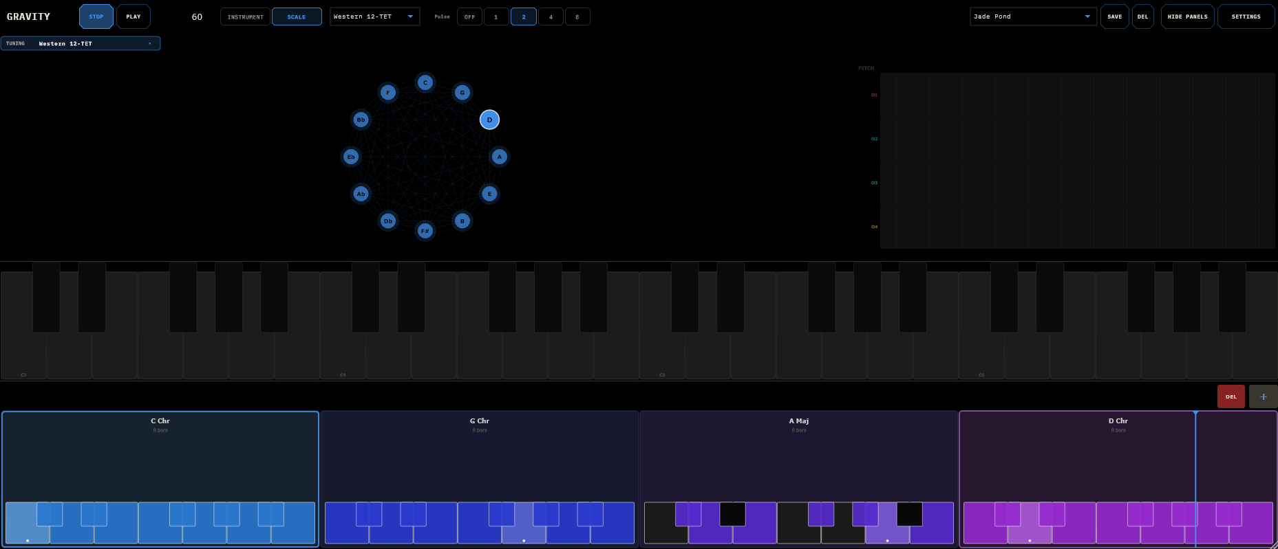 Gravity's SCALE view: a circle of fifths on the left, a live pitch output monitor on the right, keyboard strips across the middle, and the segment timeline with editable keyboard chips along the bottom