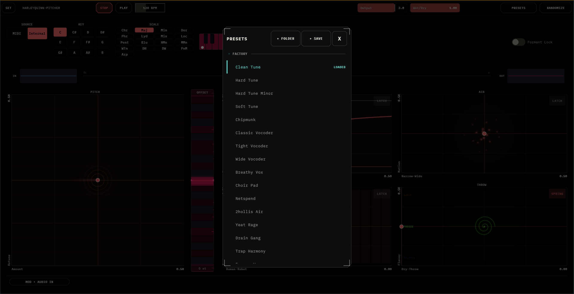 The preset browser open over the dimmed interface, showing the factory bank from Clean Tune through the vocoders to Netspend, Yeat Rage and Drain Gang