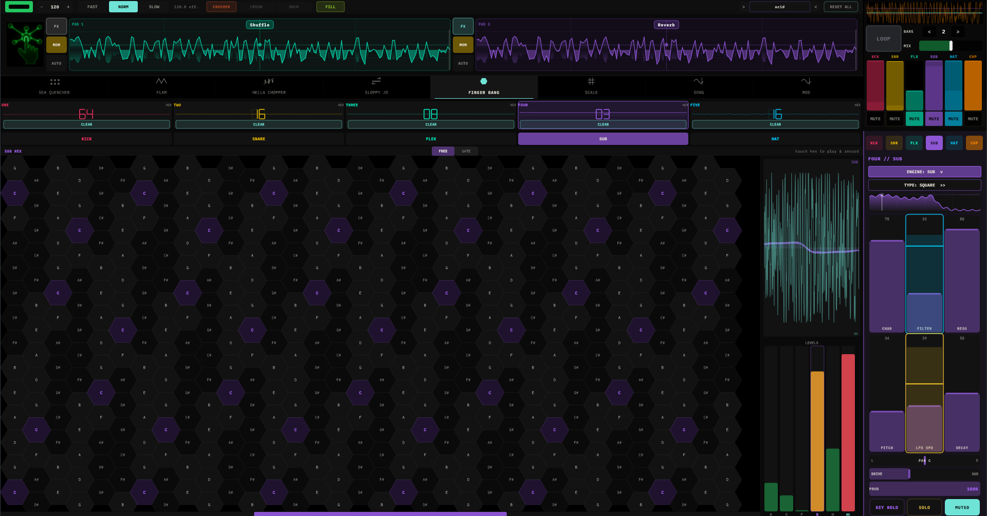 The FINGER BANG hex keyboard filling the view — a honeycomb of note names with root hexes highlighted, per-channel hex loop lengths of 64, 16, 8, 3 and 16 steps, and a live scope and level meters on the right