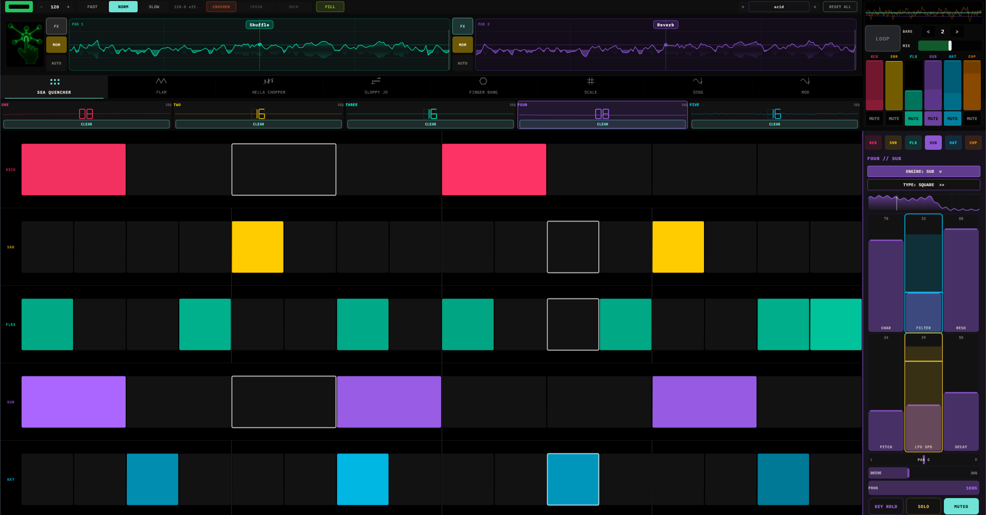 Intellectualist mid-groove: the SEA QUENCHER grid with a pattern running across five channels at different loop lengths, live scopes in both XY pads, the mixer top-right, and the SUB channel strip showing modulation halos on its faders