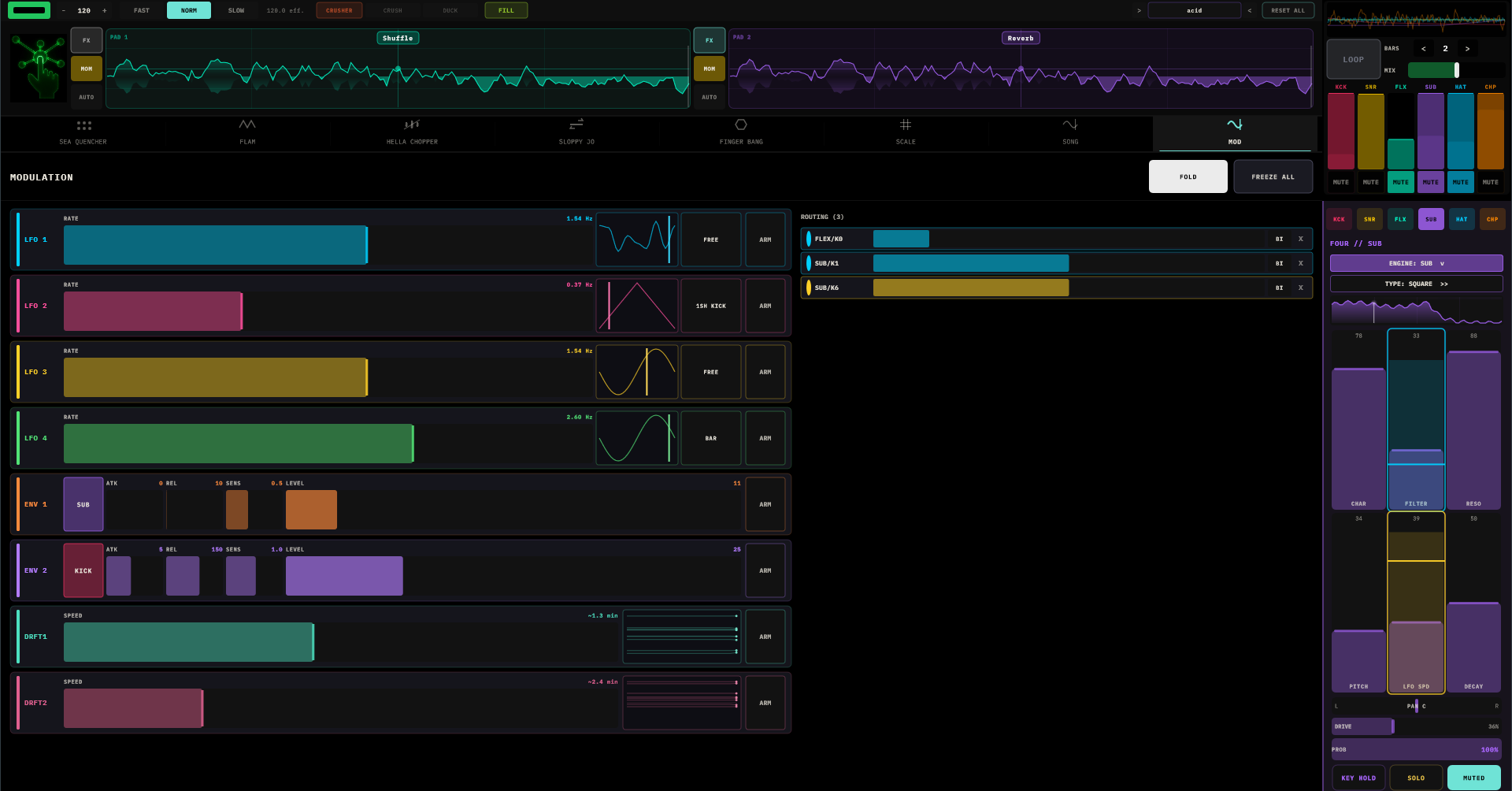 The MOD tab: four LFO rows with live waveforms and rates, two envelope followers sourced from SUB and KICK, two DRIFT lanes with scrolling wander graphs, and a routing list showing three active assignments