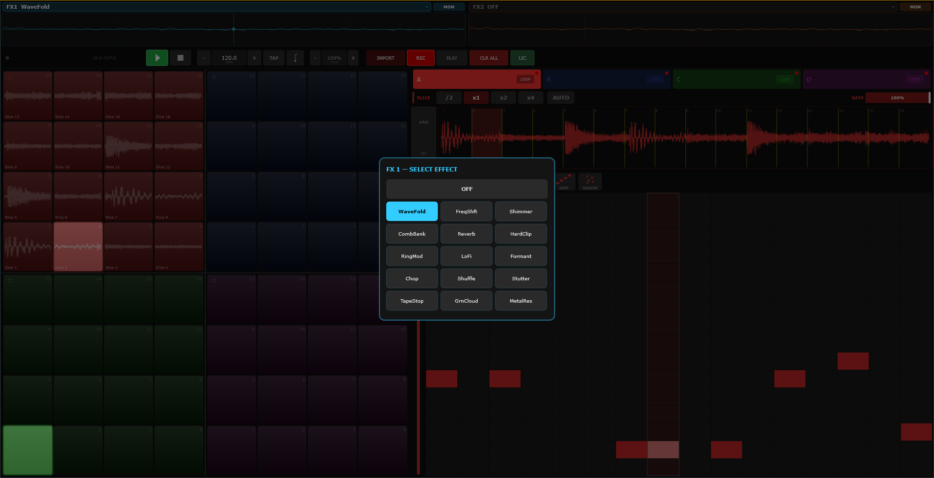 The FX 1 — SELECT EFFECT picker: an OFF button and fifteen effect tiles with WaveFold highlighted, floating over the dimmed playing session