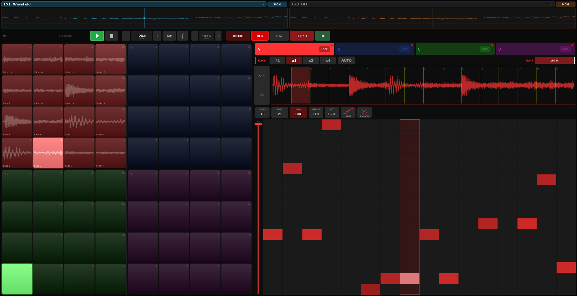 Launchpad mid-groove: Bank A's sixteen pads showing waveform thumbnails of a sliced break with one slice flashing, the slice toolbar and GATE fader, the waveform view with slice markers, the step sequencer mid-sweep, and live audio in both FX scopes