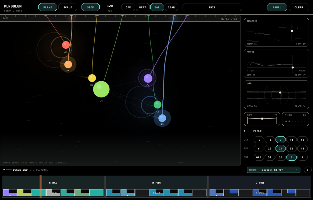 Pendulum mid-performance: eight coloured ropes hanging from the rail with note labels, bloom rings around colliding orbs, the WEATHER / VOICE / AIR pads and FIELD block on the right, and the scale strip with three segments below