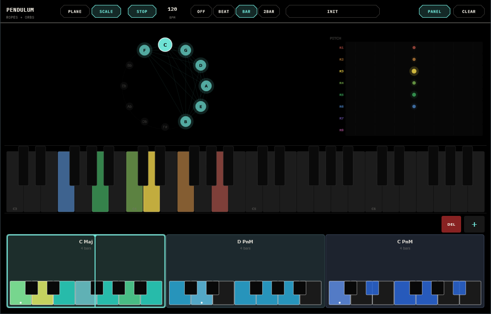 The SCALE page: circle of fifths, per-rope pitch dots, the output-monitor keyboard lit in rope colours, and the segment timeline with three keys