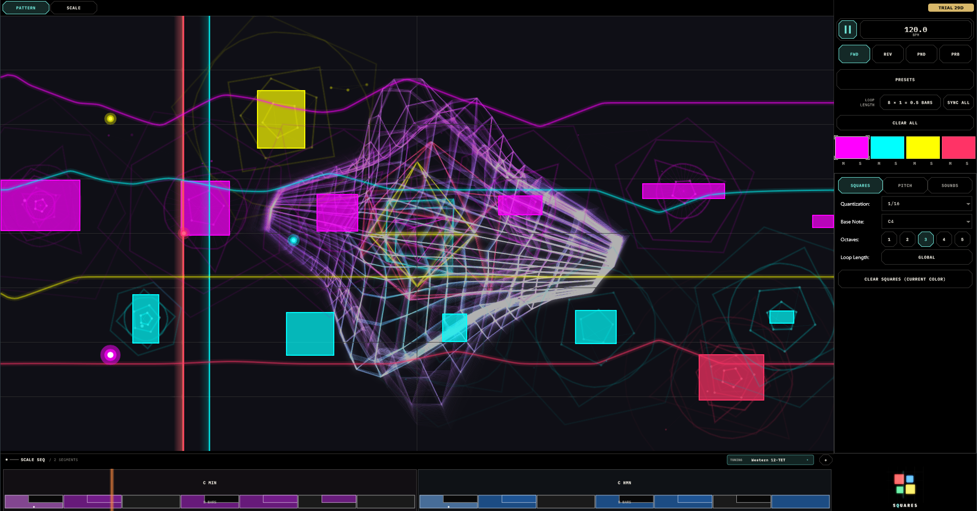 SQUARES mid-performance: coloured rectangles on the canvas, two per-colour playheads sweeping at different positions, the right panel on the SQUARES tab, and the scale timeline running below