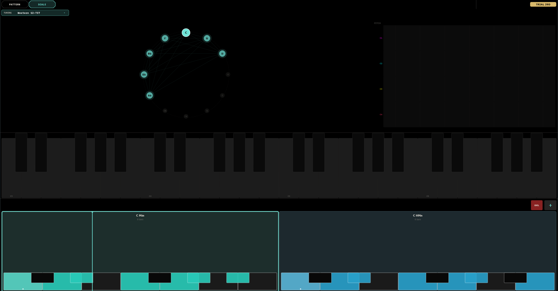 The SCALE view: circle of fifths with C minor lit, a pitch output monitor, keyboard strips, and the segment timeline with editable keyboard chips below
