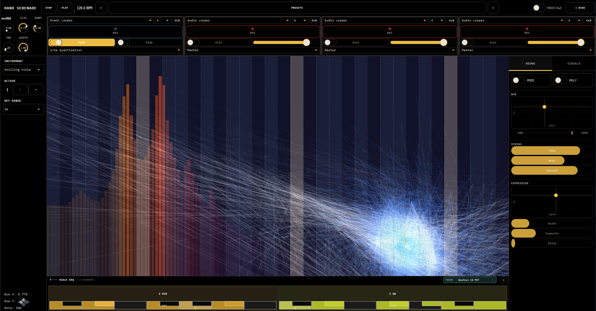 VIOLINCE mid-bow: the spectrum blazing behind the performance surface, spiral visuals swarming around the touch point, the loop strip and reverb knobs along the top, and the scale timeline below