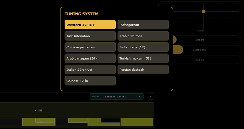 The TUNING SYSTEM popup listing eleven tuning systems, opened from the TUNING chip on the scale strip